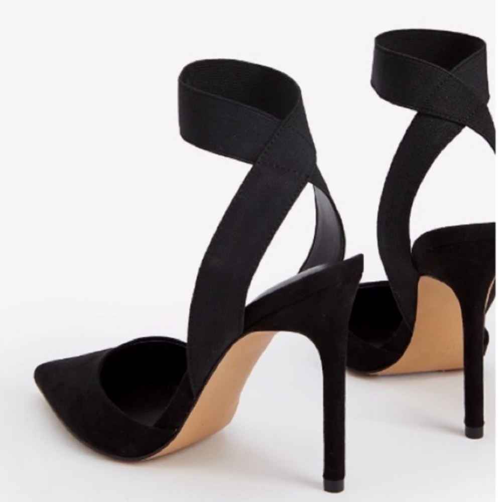 Black Faux Suede Slingback Elastic Ankle Strap High Heel Formal Party Pumps